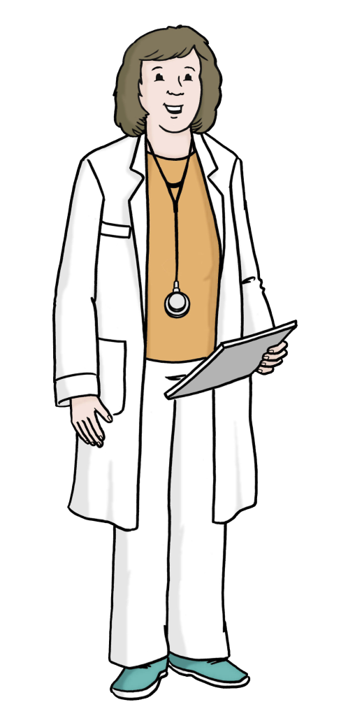 Eine Ärztin im weißen Kittel mit Stethoskop hält ein Klemmbrett in der Hand.