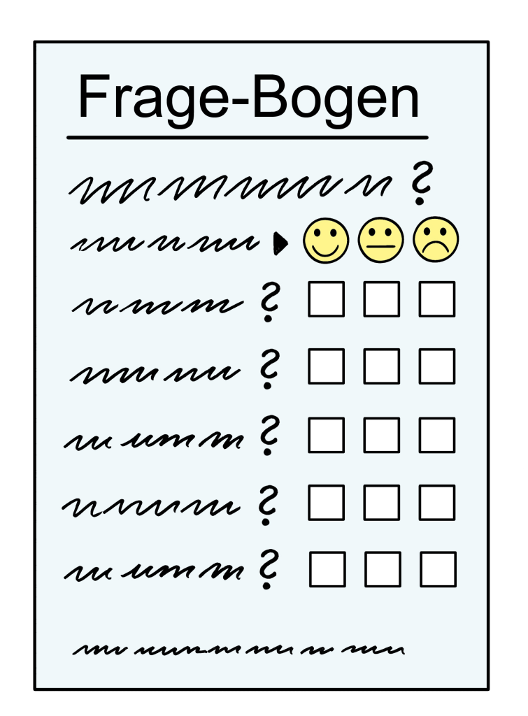 Ein Fragebogen mit Fragen und Antwortmöglichkeiten wie Smileys und Ankreuzfeldern.